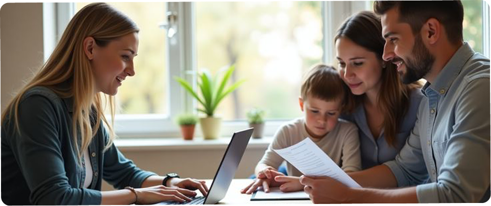 Asesor con familia explicando que es Join Commission