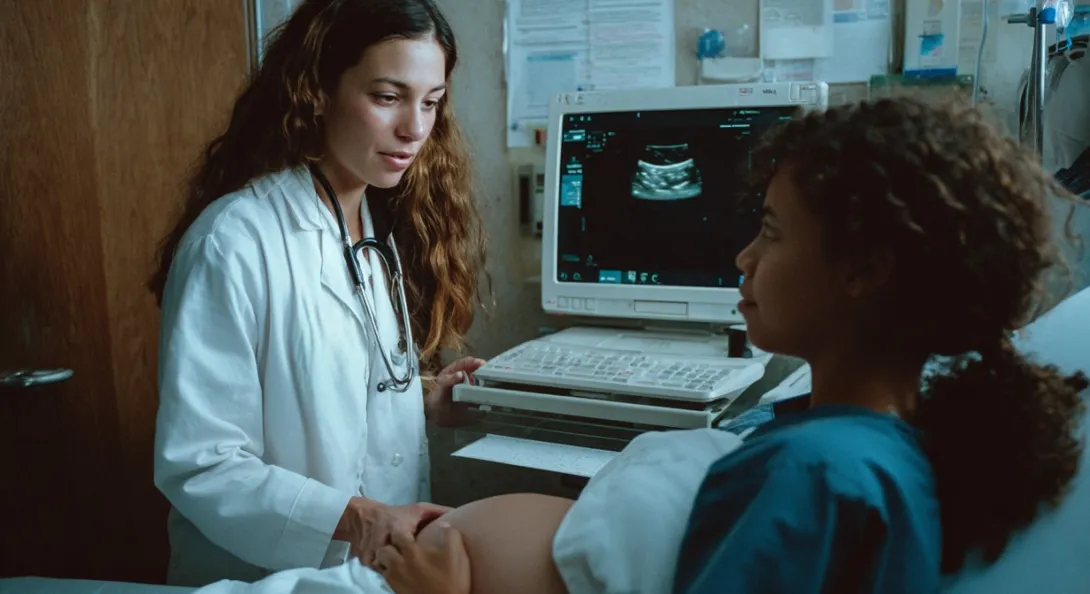 Médico y enfermera monitoreando a paciente embarazada en sala TPR de la Clínica Reina Sofía